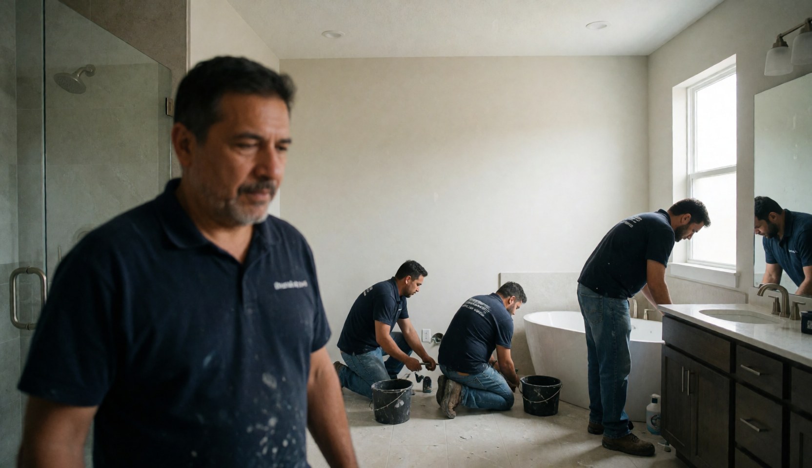 A group of plumbers collaborating on a bathroom remodel, using tools and pipes to install fixtures and complete the renovation work.