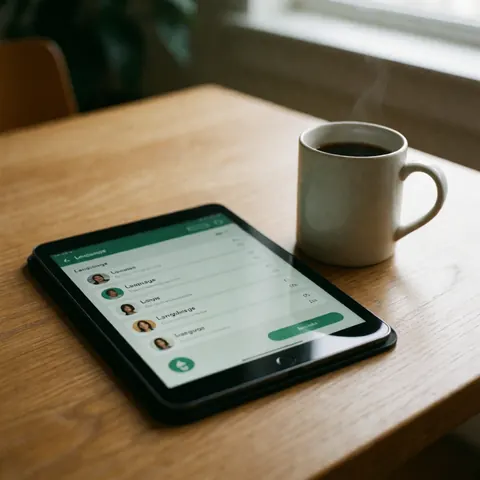 Tablet displaying a language learning app next to a steaming cup of coffee on a wooden table with natural light for home study