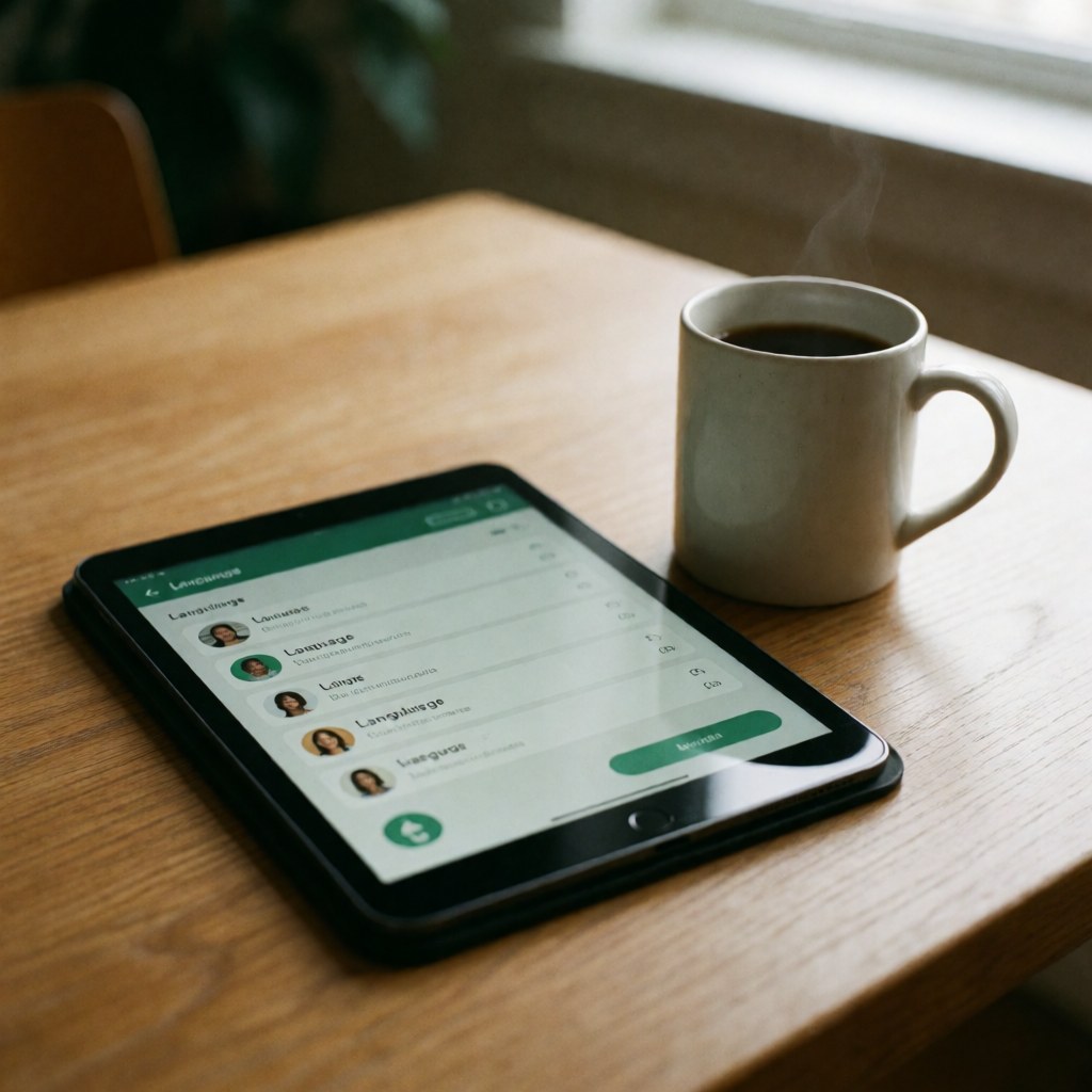 Tablet displaying a language learning app next to a steaming cup of coffee on a wooden table with natural light for home study