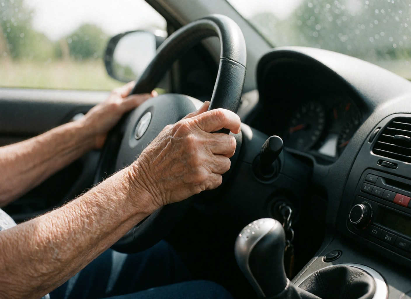 A close-up view of two hands gripping a car steering wheel, highlighting the details of the driving experience for a driving school.