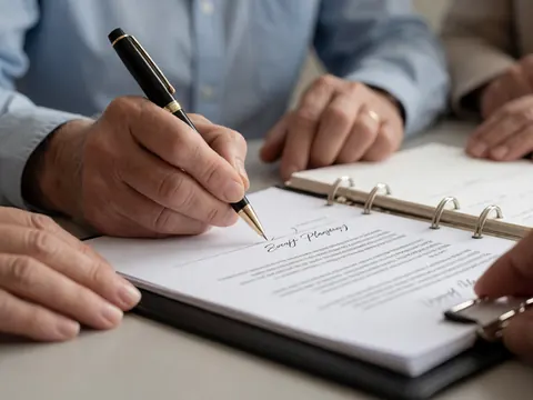 Close-up of a hand holding a pen and signing a document on a desk, symbolizing event planning and wedding business agreements