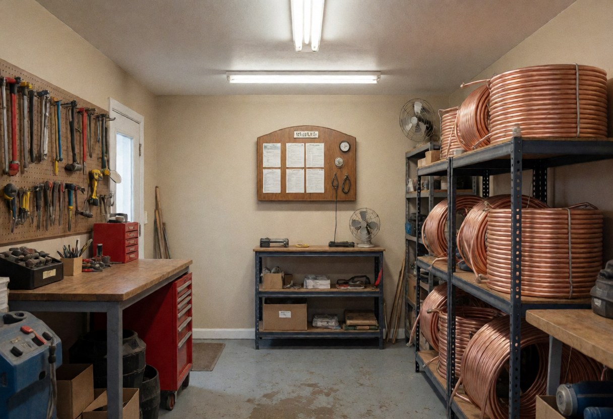 Workbench in an air conditioning service office featuring copper coils, tools, and shelving under fluorescent lights