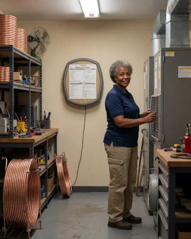 Female HVAC technician inspecting an air conditioning unit in an office setting with copper pipes, tools, and a manual visible on the wall.