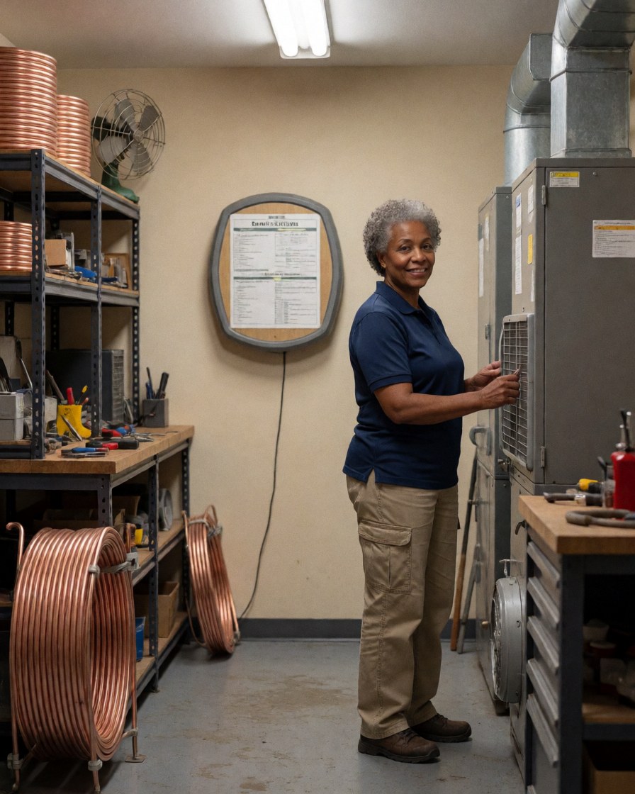 Female HVAC technician inspecting an air conditioning unit in an office setting with copper pipes, tools, and a manual visible on the wall.