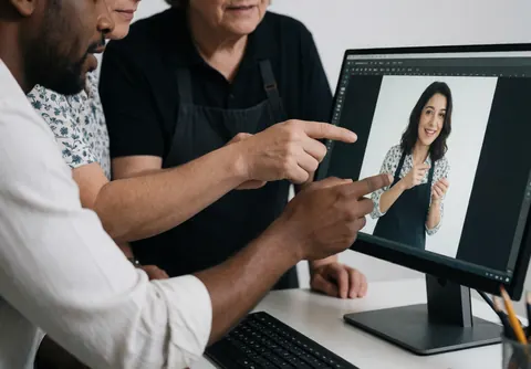 Photographer and client reviewing a photo on a computer monitor in a photo studio workspace