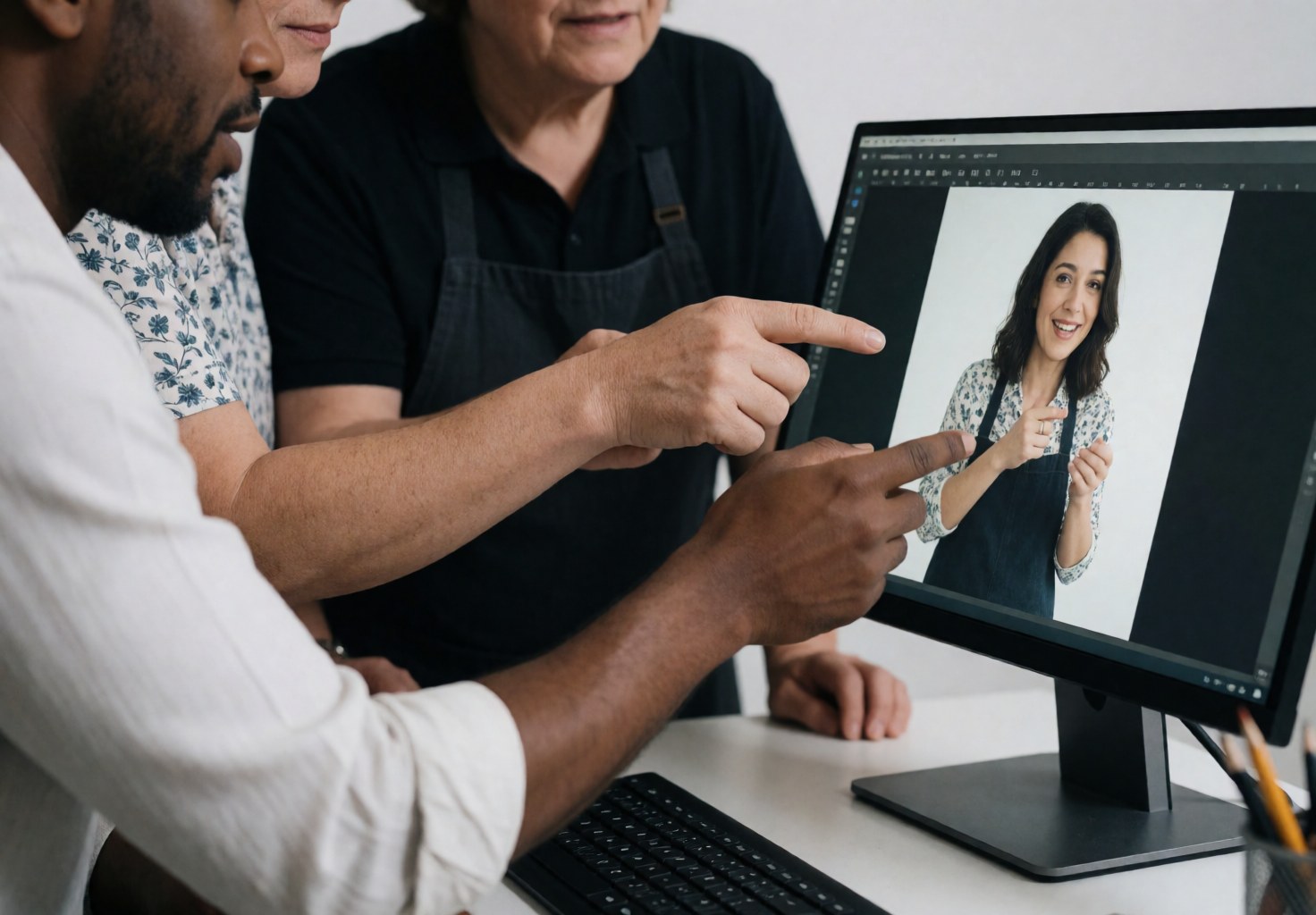 Photographer and client reviewing a photo on a computer monitor in a photo studio workspace
