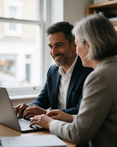 A man and a woman working together on a laptop in a bright office, smiling and collaborating on a project with natural light from the window.