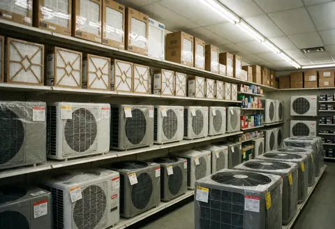 Clean HVAC warehouse interior showing air conditioning units and filters organized on metal shelves under fluorescent lighting, ideal for commercial equipment sales.