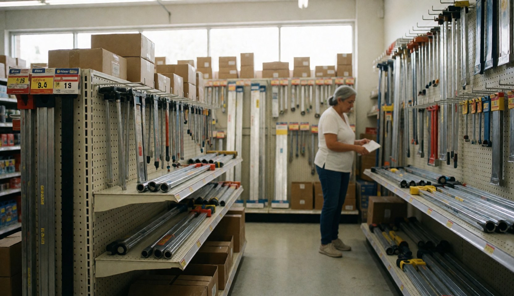 Interior view of a tidy hardware store featuring shelves filled with tools and supplies, with a customer browsing products in the background under natural lighting.