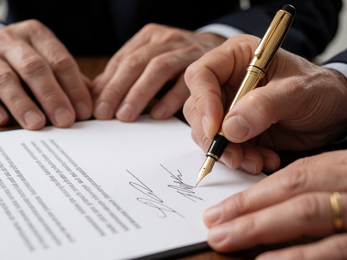Close-up of adult hands signing a document with a gold pen on white paper, soft lighting, blurred background