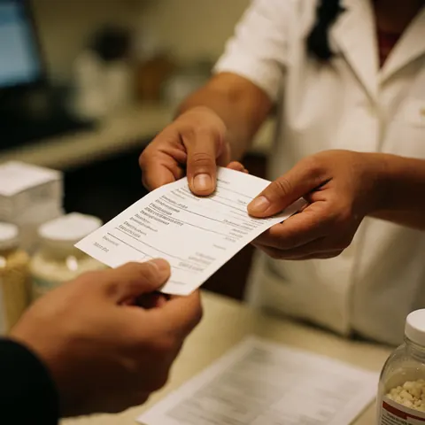 Close-up of a hand holding a prescription receipt and medication bottles on a desk in a medical clinic setting with warm lighting and blurred background
