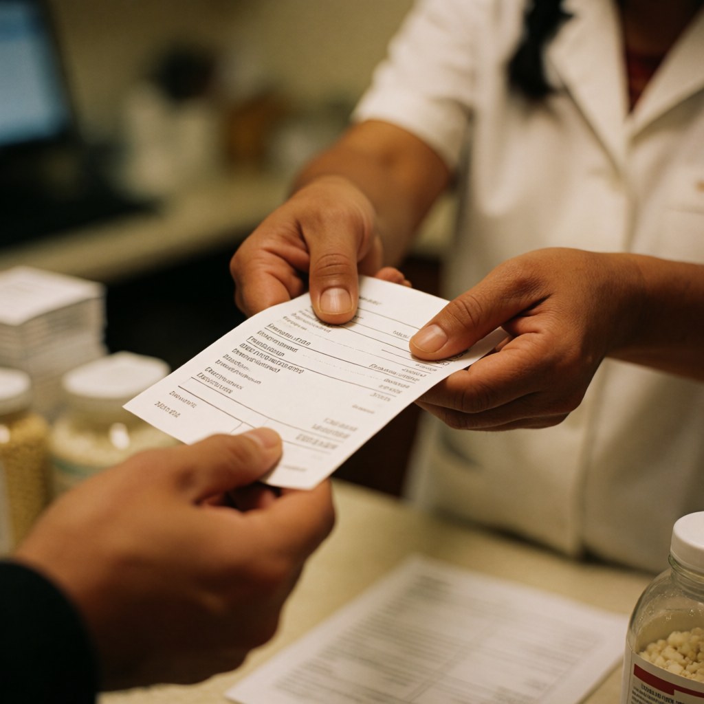 Close-up of a hand holding a prescription receipt and medication bottles on a desk in a medical clinic setting with warm lighting and blurred background