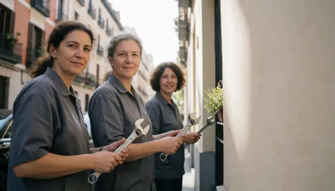 Three female plumbers holding wrenches on a Madrid street, standing in front of a building, ready to work