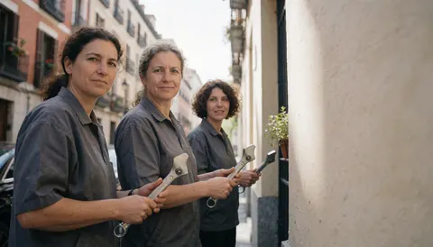 Three female plumbers holding wrenches on a Madrid street, standing in front of a building, ready to work