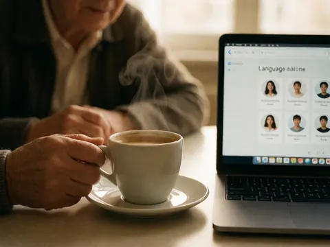 Close-up of an older person holding a steaming coffee cup next to a laptop displaying a language learning interface on a warm-lit table.