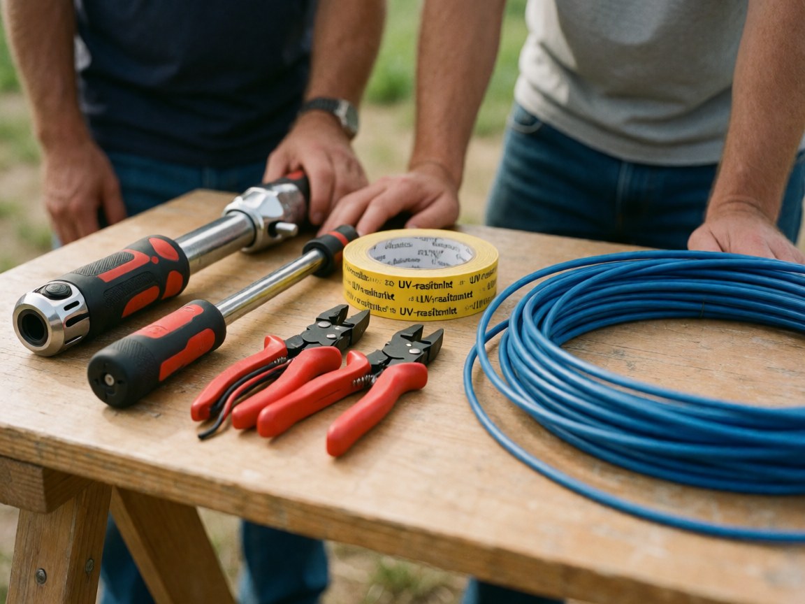 A collection of professional tools and materials used for solar energy installation, including screws, tubing, cables, and wooden components laid out in a workshop setting.