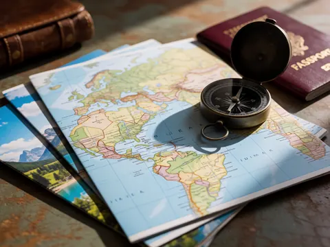 World map, vintage compass, and red passport on a rustic wooden table with natural light, ideal for travel agency planning.