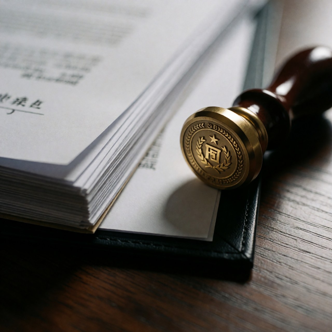 Golden wax seal and legal documents on a dark wooden desk with dramatic lighting and rich textures