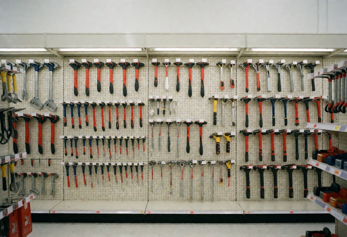 A well-organized aisle in a hardware store displaying various hand tools, power tools, and gardening equipment for retail customers.