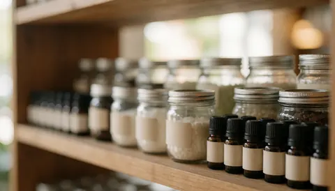 A soft, out-of-focus background featuring wooden shelves holding glass jars and essential oil bottles, ideal for text overlay in an online store design