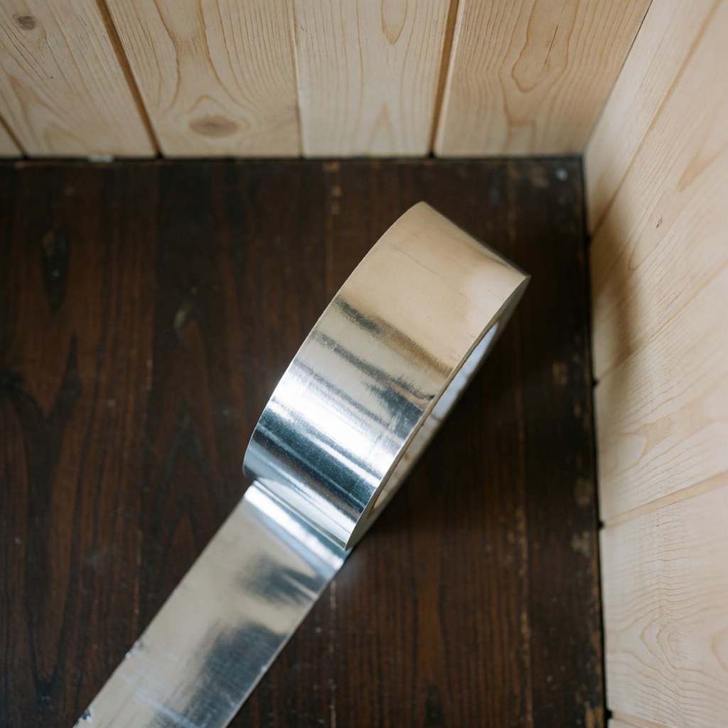 A roll of silver aluminum tape resting on a wooden surface, commonly used for HVAC duct sealing and air conditioning installation.