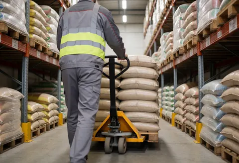 Worker pushing manual cart with fertilizer sacks through metal racks in an agricultural warehouse with fluorescent lighting