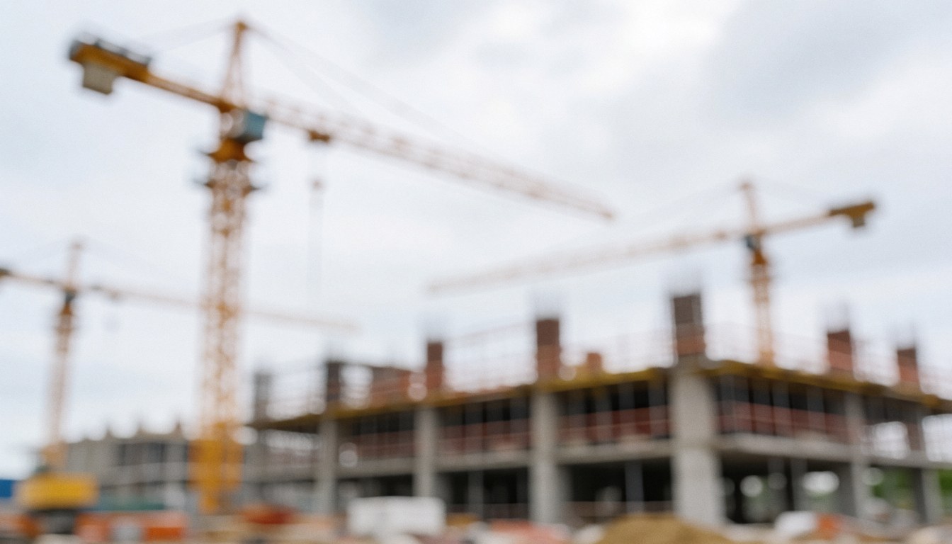 A blurred background of a construction site featuring cranes, a building under development, and a cloudy sky, suitable for text overlay in real estate projects.