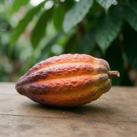 A whole fresh cacao pod hanging from a tree branch in its natural state on a cacao farm