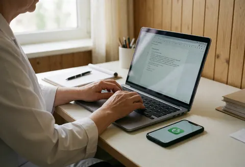 Adult nutritionist working at a desk in a clinical office, typing on a laptop with a smartphone displaying a health app nearby, illuminated by natural light.