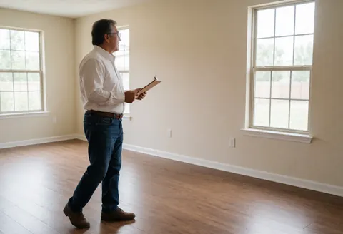 An older man with a portfolio inspects an empty room with hardwood floors and windows, capturing a professional real estate atmosphere.