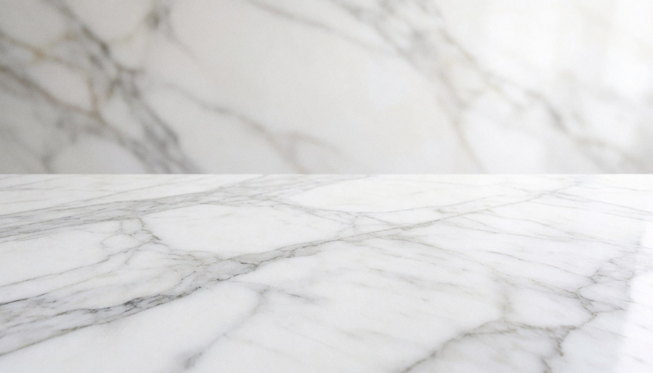 Close-up view of a white and gray marble surface with natural veining patterns, serving as an elegant background for real estate marketing materials.