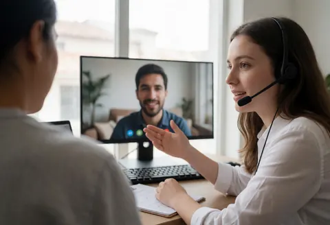 A service agent wearing headphones explains a solution to a client during a video call at a desk in a bright office.