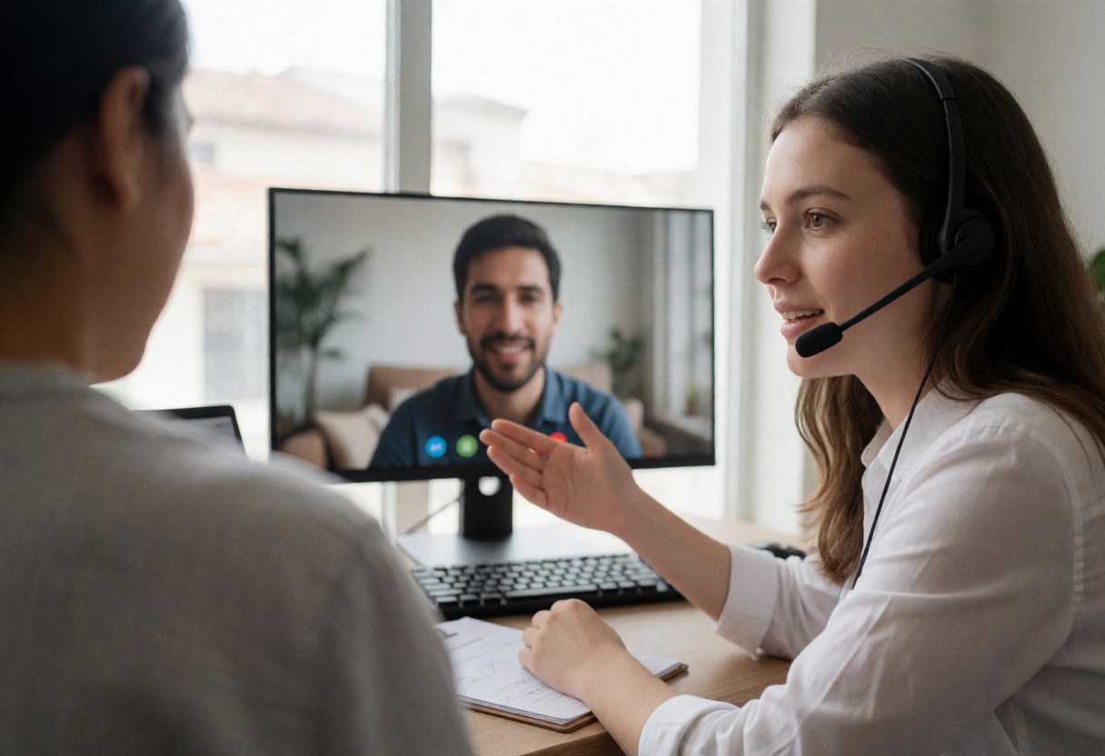 A service agent wearing headphones explains a solution to a client during a video call at a desk in a bright office.