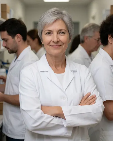 Smiling female dermatologist in a white coat looking at the camera in a clinic hallway with blurred medical staff in the background