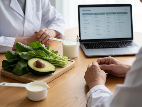Organized nutritionist workspace featuring avocado, spinach, laptop, and meal plan on a wooden table with bright lighting