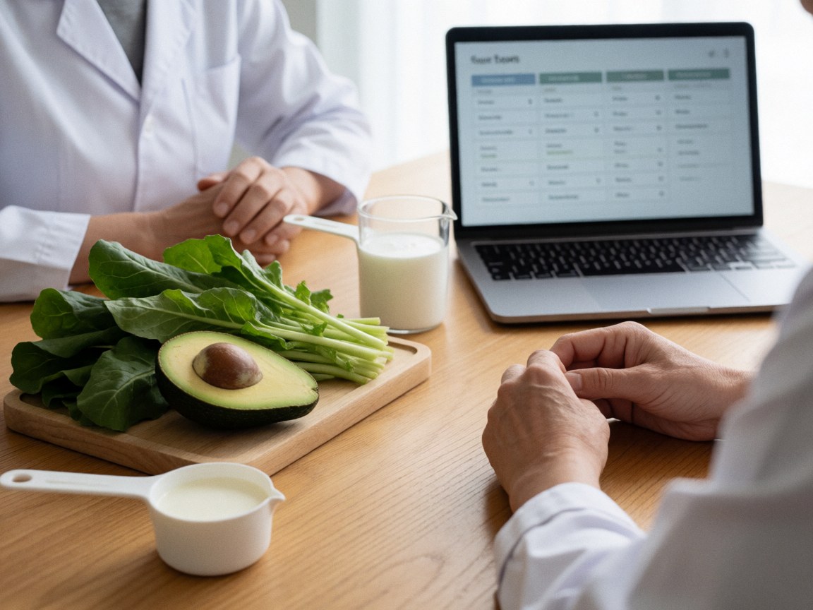 Organized nutritionist workspace featuring avocado, spinach, laptop, and meal plan on a wooden table with bright lighting