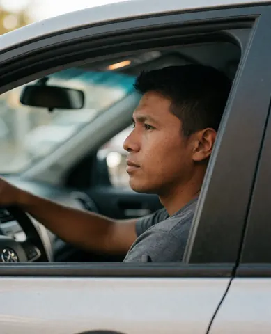 A serious man sits in the driver's seat of a car, looking ahead with concentration while holding the steering wheel during a driving lesson