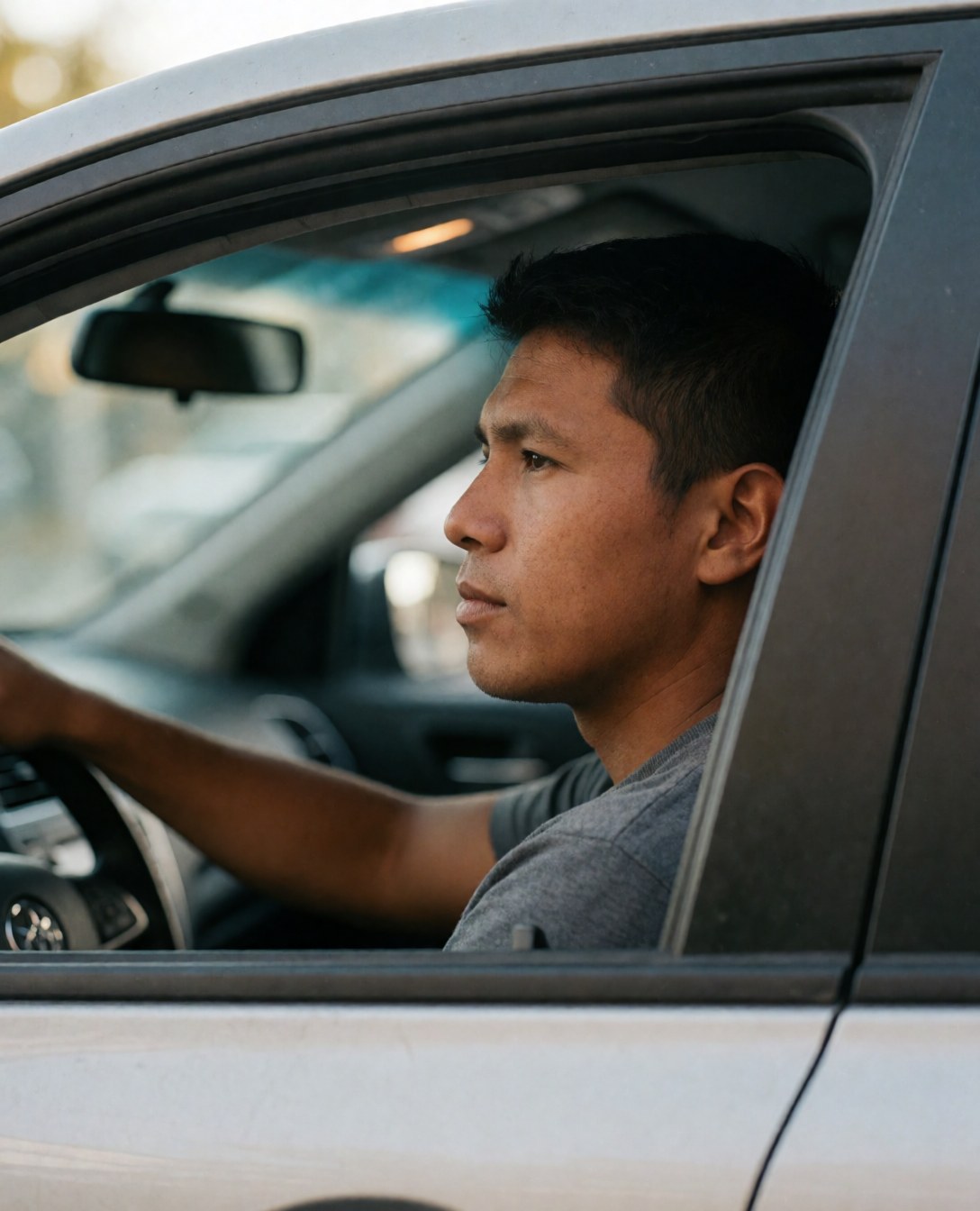 A serious man sits in the driver's seat of a car, looking ahead with concentration while holding the steering wheel during a driving lesson