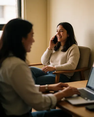 A smiling woman talks on her cell phone while another person works on a computer in a bright office with wooden furniture.
