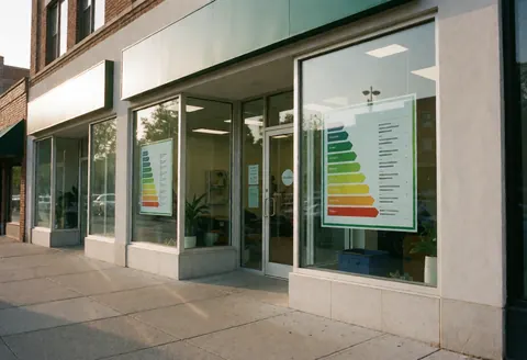 Clean modern building facade with large windows and solar panels installed on the roof for a renewable energy business