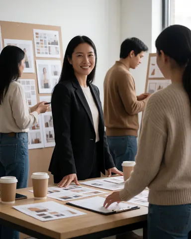 Event planner collaborating with team members at a desk with coffee and design materials in a professional office setting