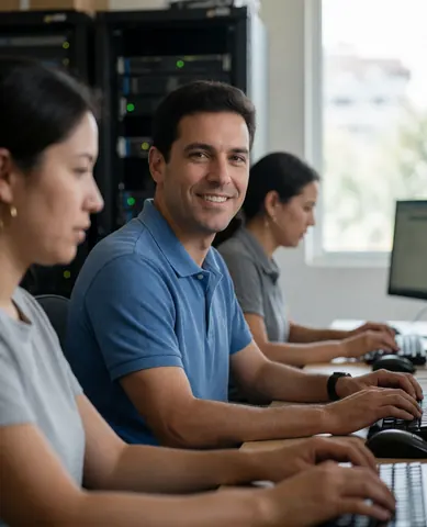 Three IT professionals working at computers in an office with servers in the background and natural light from a window