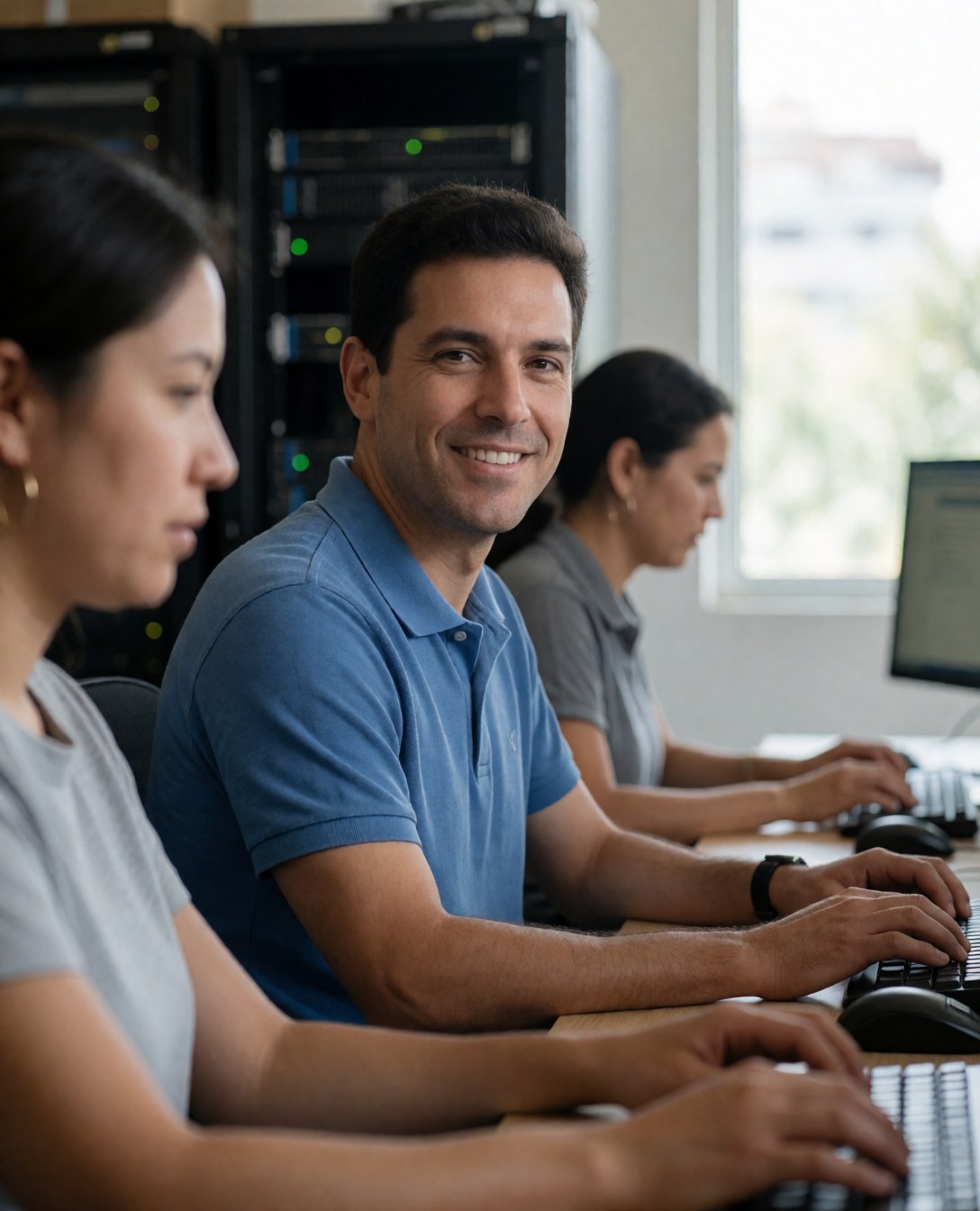 Three IT professionals working at computers in an office with servers in the background and natural light from a window