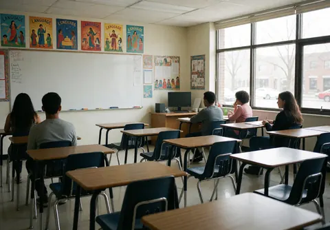A bright, empty language school classroom featuring whiteboards, desks, chairs, and educational posters near large windows with natural daylight.