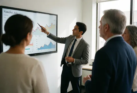 Financial advisor in gray suit points to a chart on a large screen, explaining strategies to three adult clients in a modern office with natural light.