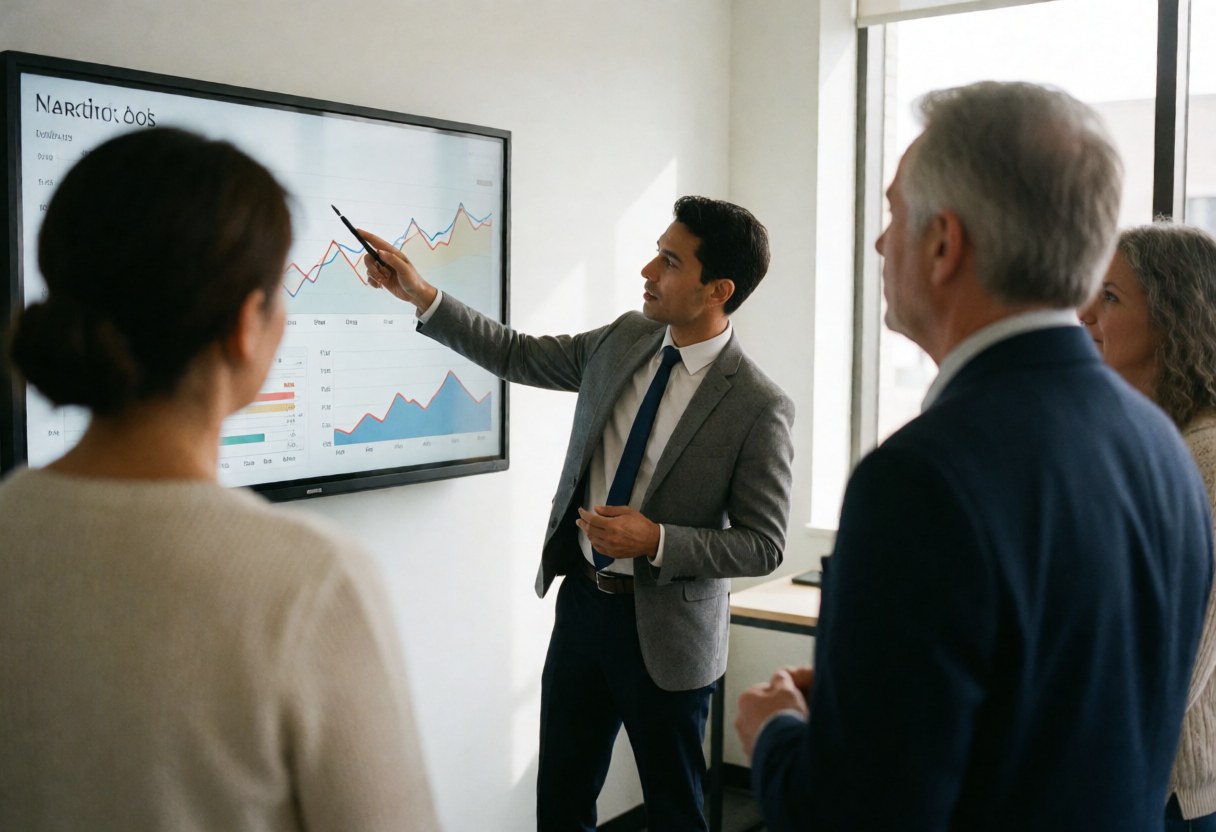 Financial advisor in gray suit points to a chart on a large screen, explaining strategies to three adult clients in a modern office with natural light.