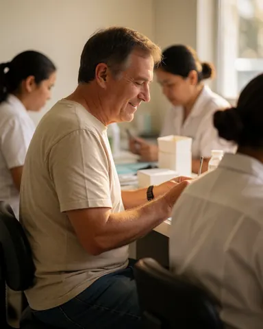 A smiling man sits in a dental chair facing a dentist, with staff working in the background of a bright clinical office.