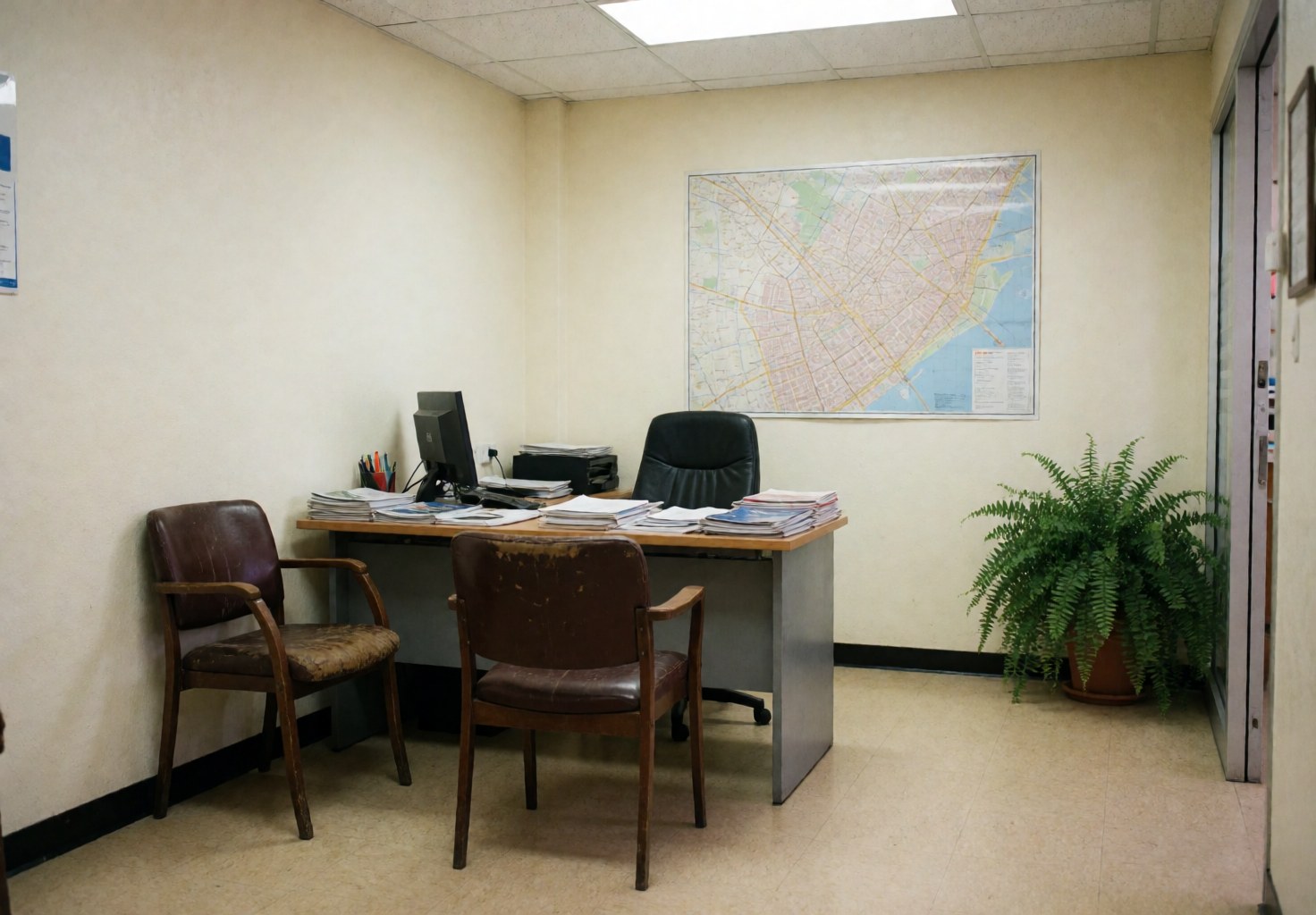 Empty driving school office featuring a desk, computer, chairs, and various city and route maps on the wall and floor