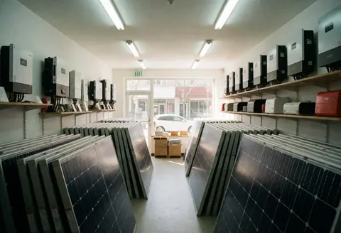 Clean solar energy shop interior featuring stacked solar panels, inverters, and batteries on shelves with natural and artificial lighting