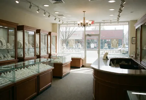 Bright and modern jewelry store interior featuring glass display cases, a wooden counter, and natural light streaming through large windows.